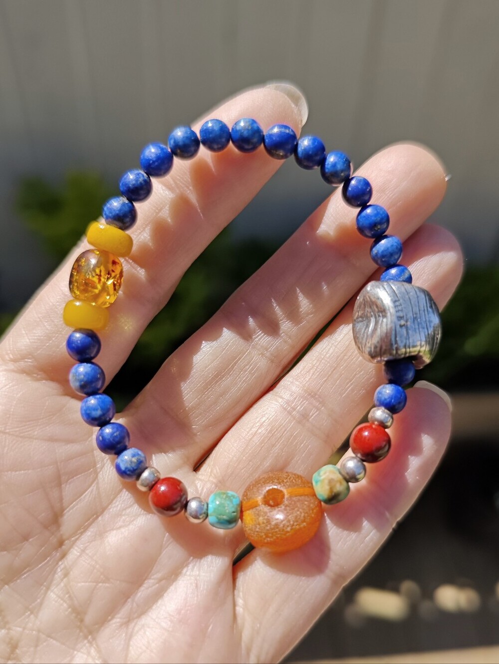 Unique Fusion of Lapis, Amber, Turquoise & Sterling Silver ，bracelet